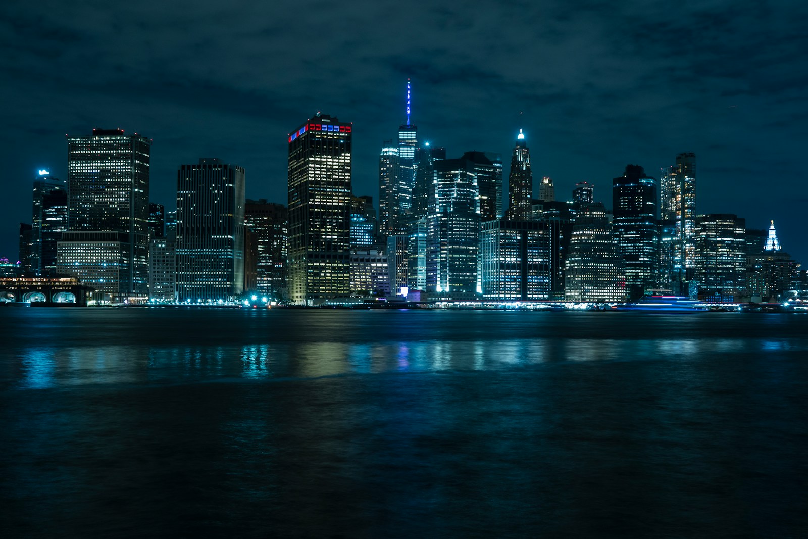 city skyline during night time